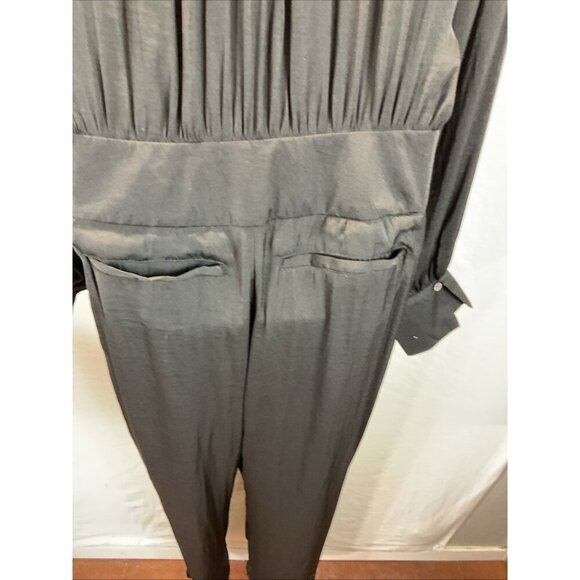Free People Black Satin long sleeve Jumpsuit Size LG button down - Picture 6 of 16
